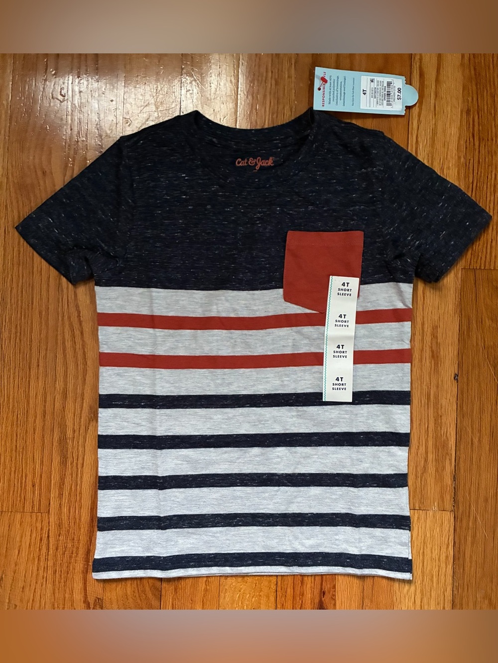 NWT Cat & Jack Blue Rust Gray Striped Short Sleeve T-Shirt Boy’s 4T School Days